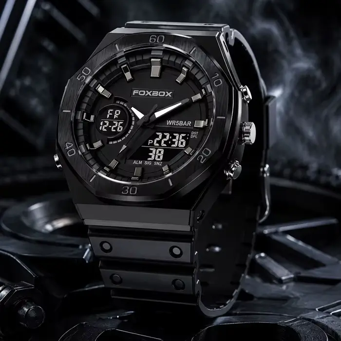 FOXBOX – montre de sport noire à double affichage pour hommes