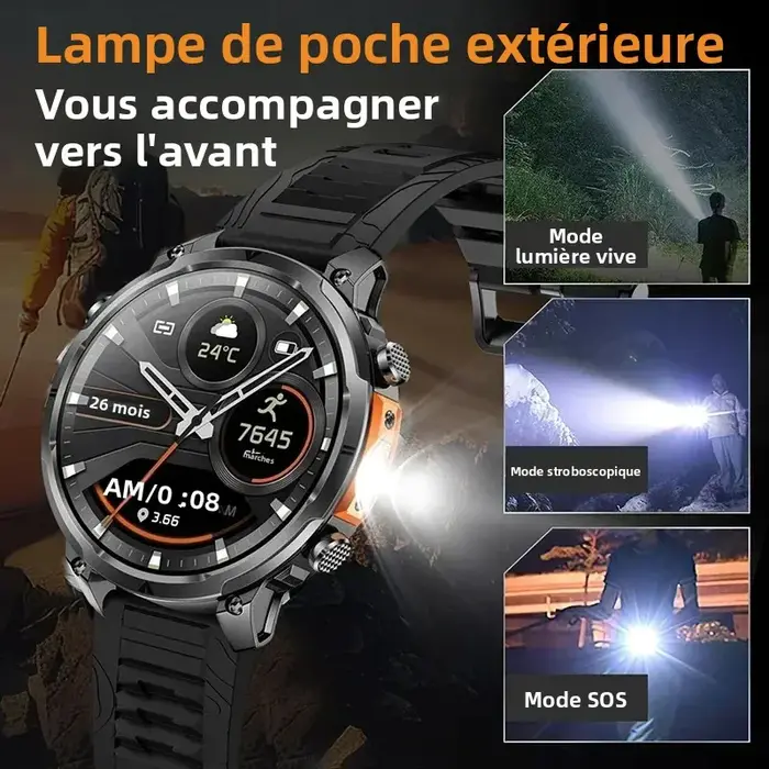 2026 GPS Smartwatch pour hommes 1.7 HD écran militaire montre intelligente IP68 étanche lampe de poche 100 Modes de Sport 720mAh grande batterie