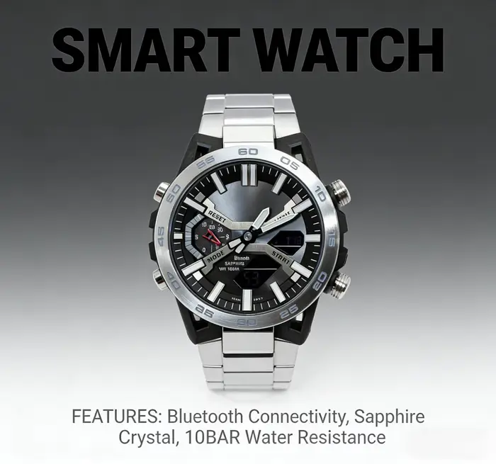 Montre de course multifonction à double affichage avec grand cadran et bracelet en acier