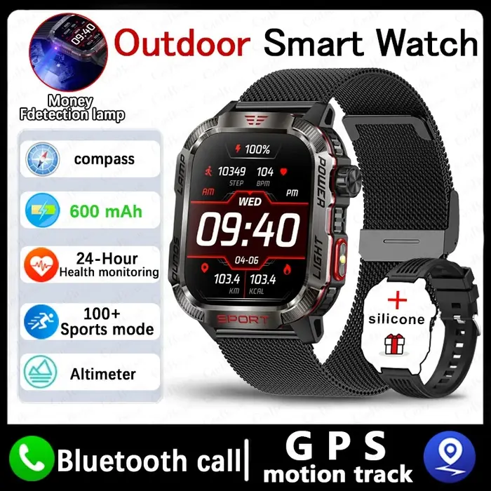 GPS Sport de plein air lumière LED Smartwatch hommes 600mAh grande batterie fonction de vérification