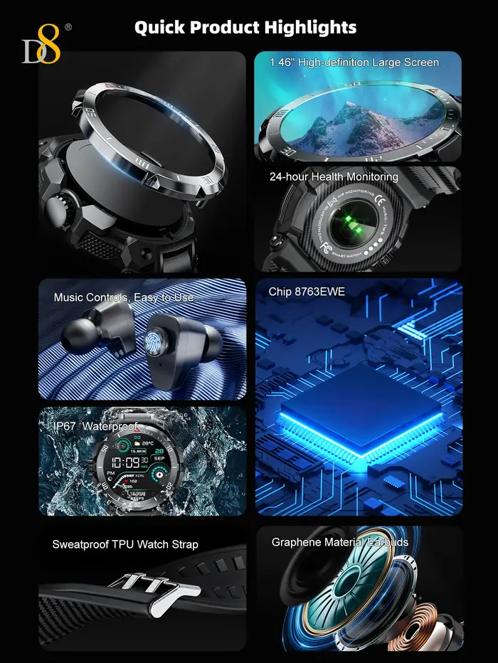 Montre connectée D8 avec écouteurs pour hommes et femmes, écran tactile HD de 1,46 pouces, effets sonores 9D, moniteur de fitness et de sommeil 110+, microphone d'enregistrement