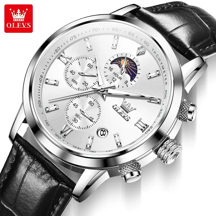 Original OLEVS 9812 marque montre en cuir pour hommes mode étanche lumineux multifonction chronographe Quartz montre-bracelet homme nouveau