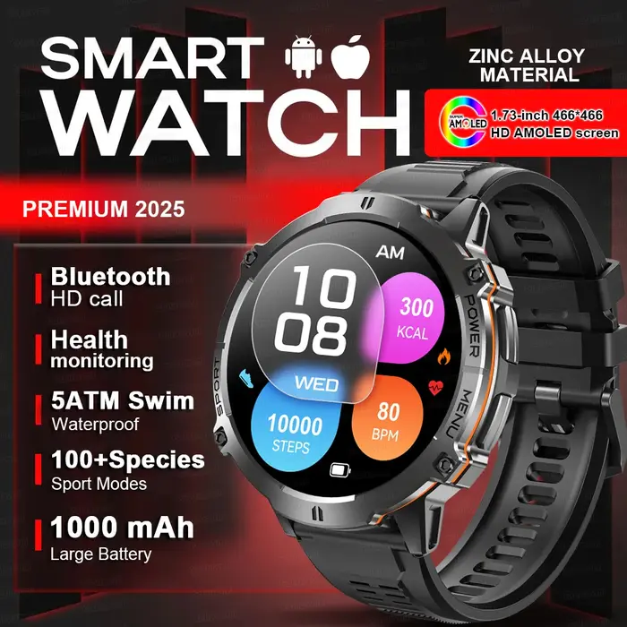 2025 nouveau 100M étanche natation montre intelligente pour hommes 1.73 ''AMOLED écran GPS positionn