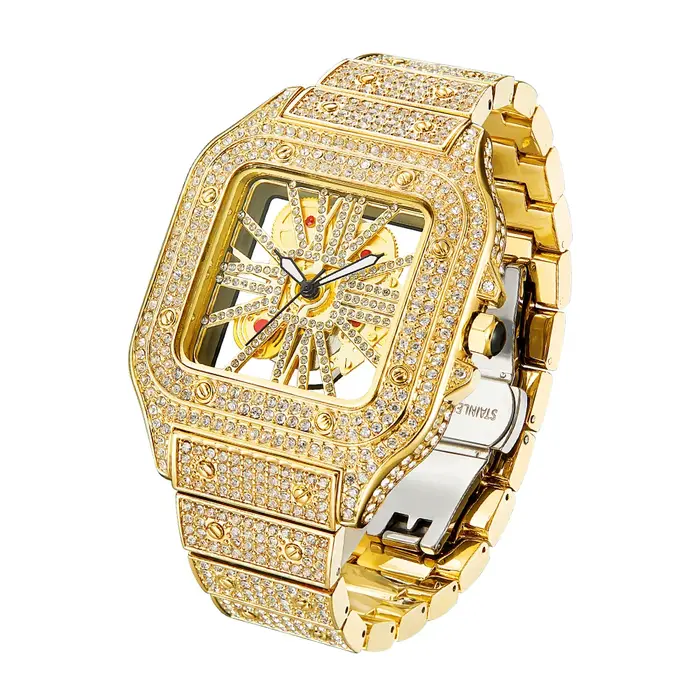 Montres carrées entièrement en diamant pour hommes, montre de luxe à la mode, squelette scintillant, Hip Hop, argent brillant, étanche, offre spéciale