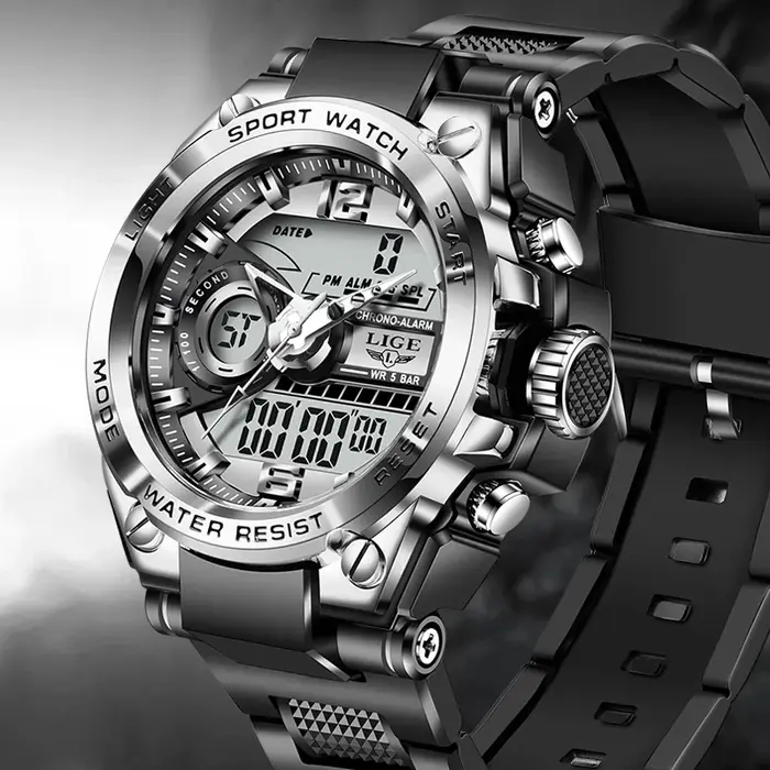 LIGE numérique hommes montre militaire 50m étanche montre-bracelet LED Quartz horloge Sport montre m