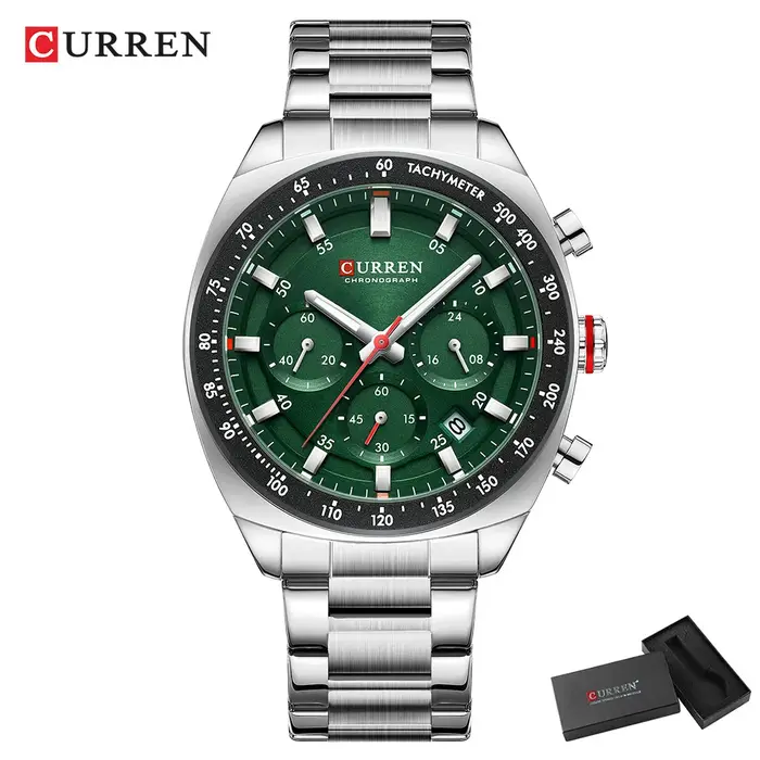 NOUVEAU CURREN 8497 Montre Chronographe Homme Bracelet Acier Inoxydable Aiguilles Lumineuses Date Étanche Quartz Relógio