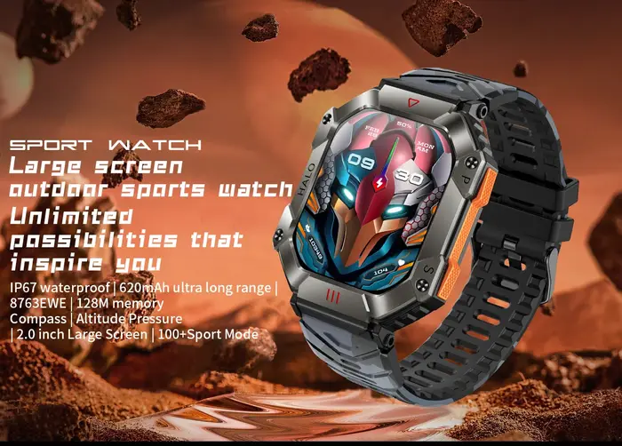 Montre intelligente extérieure cadre métallique militaire appels Bluetooth 2.0 "HD longue durée étanche 100 sport boussole de fréquence cardiaque KR80 HRBO