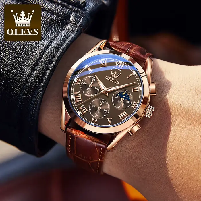 OLEVS Phase de lune montres pour hommes chronographe 30 m étanche lumineux marque montre à quartz pour homme date
