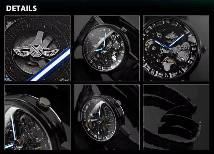 Gagnant noir hommes montre Cool mécanique automatique montre-bracelet en acier inoxydable bande mâle horloge squelette cadran romain luxe relogio