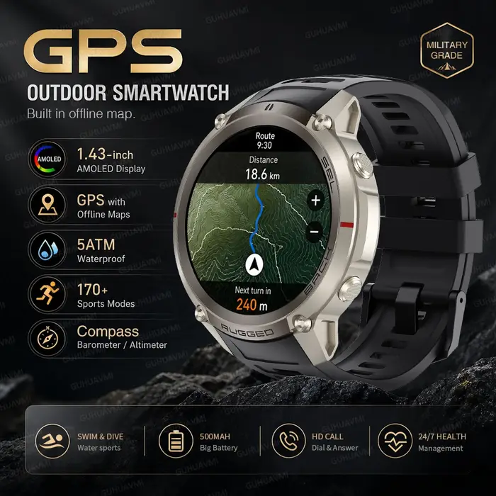 Montre connectée GPS d'extérieur, avec carte hors ligne, boussole, altimètre, pour hommes, étanche 5