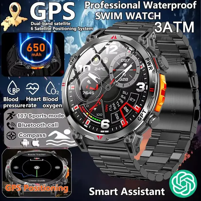 Nouveau KC93 montre intelligente 1.56 pouces AMOLED GPS positionnement Sports de plein air Fitness Tracker Bluetooth appel grande batterie Smartwatch
