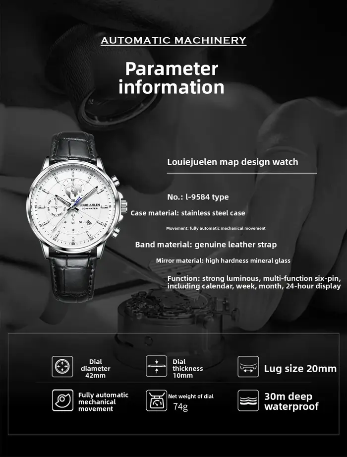 Montre automatique à remontage automatique pour homme, en acier inoxydable, nouvelle, avec affichage du mois et de la date, luminescente, étanche, tourbillon
