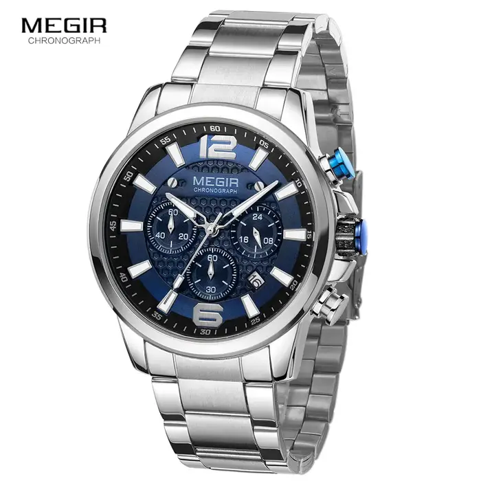 MEGIR 2020 montres de luxe hommes Top marque en acier inoxydable étanche montre-bracelet lumineuse bleu sport chronographe montre à Quartz homme