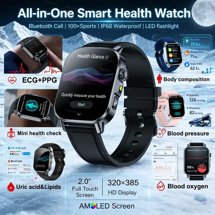 Nouvelle Montre Connectée 2026 pour l'Analyse de la Santé (Acide Urique & Lipides) avec ECG+PPG, App