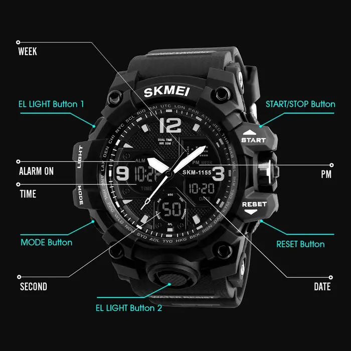 SKMEI 1155B 5Bar étanche double affichage montres Relogio Masculino montre Sport hommes militaire