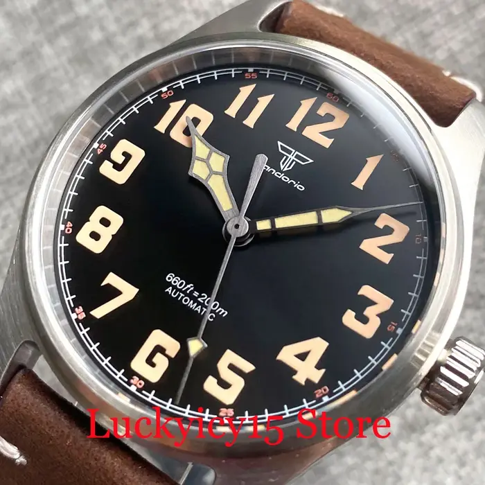 Montre automatique Tandorio 39MM, mouvement japonais NH35/PT5000, bracelet en cuir, saphir, luminescence verte, cadran noir vintage