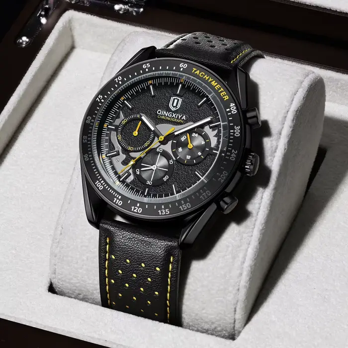 QINGXIYA haute qualité hommes Sport montre à Quartz haut de gamme de luxe chronographe horloge mâle en cuir militaire