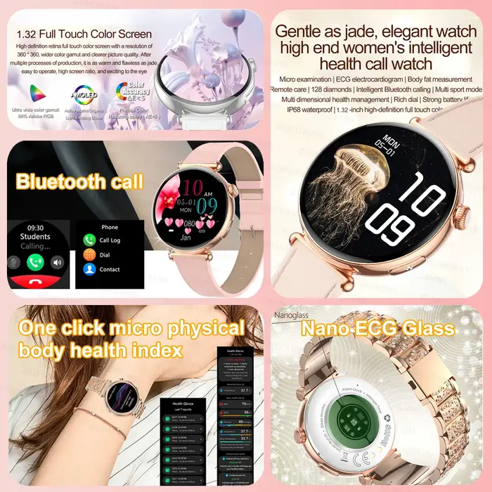 Femmes Smartwatch 1.32 pouces AMOLED écran appel ECG Sport montre pression artérielle Micro examen p