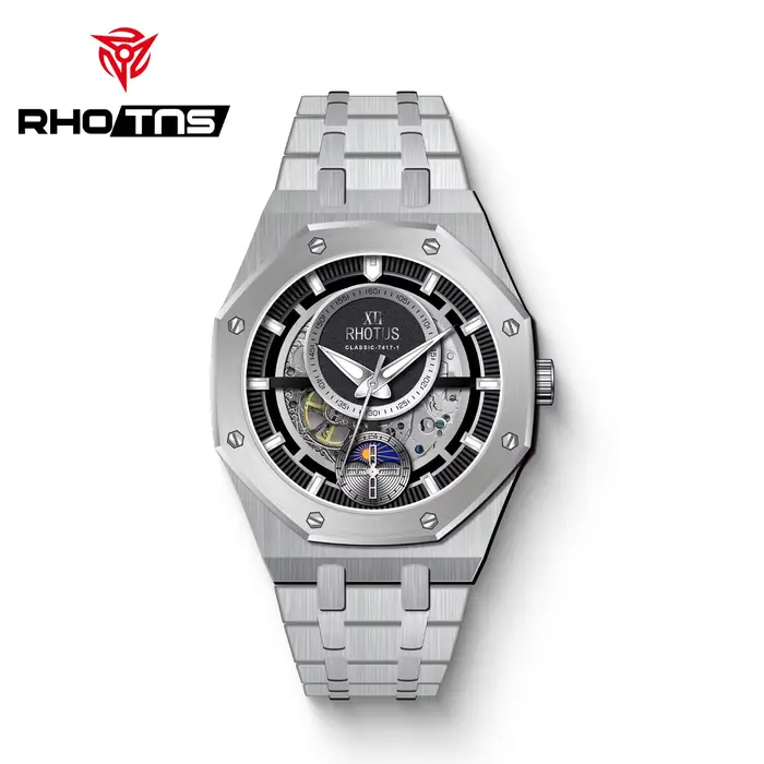 RHOTUS Montre mécanique automatique pour homme, octogonale, squelette creux, lumineuse, en acier ino