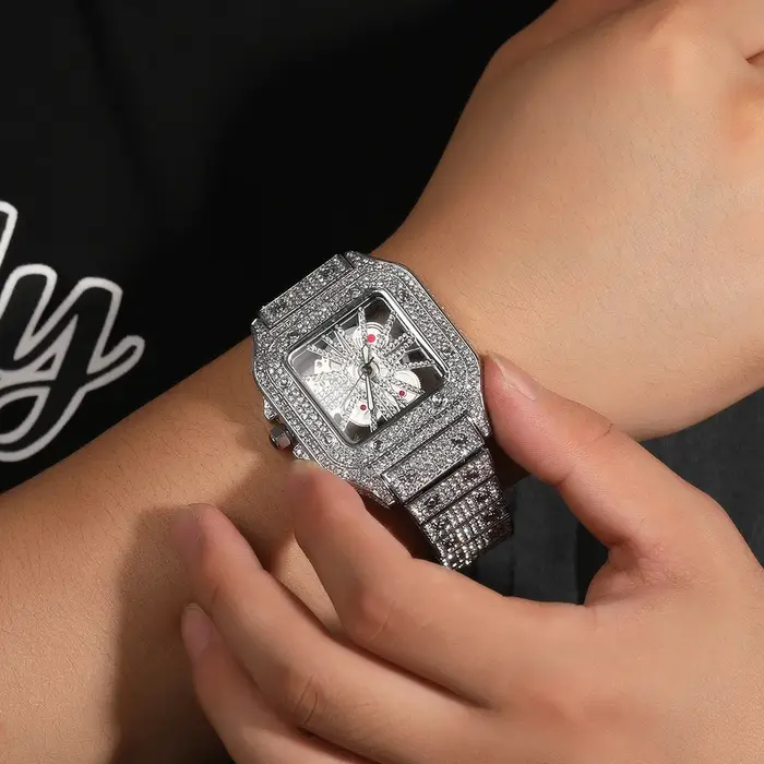 Uwin glacé montre pour hommes cadran carré Quartz marque de luxe montres automatiques squelette horloge Hiphop Relogio