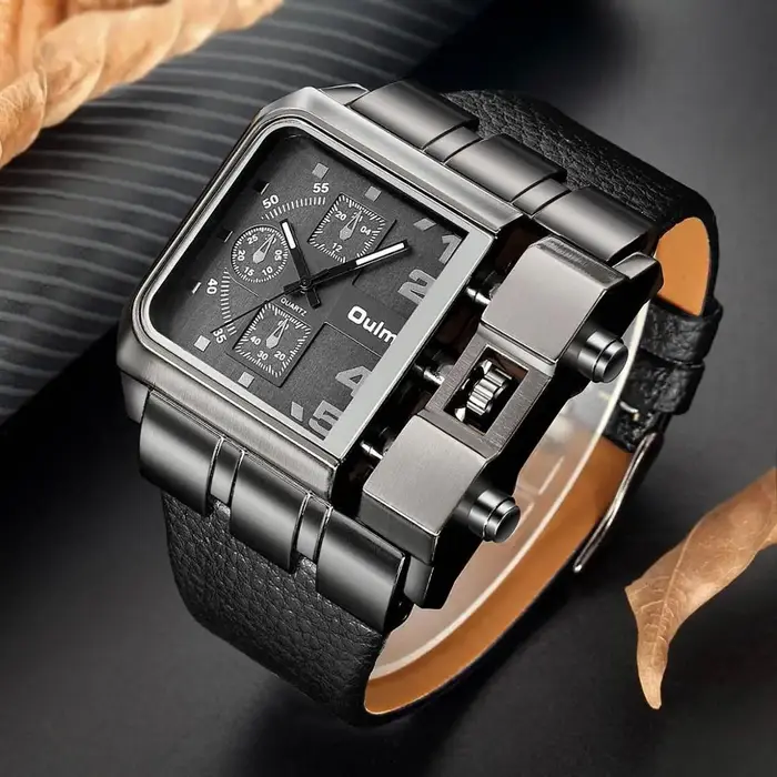 Oulm – montre à grand cadran carré en cuir PU pour homme