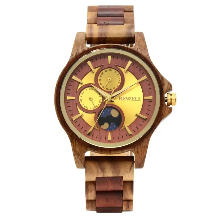 Montre homme luxueuse en bois gravé cadran rond phase de lune lumineuse, cadeau personnalisé pour ma