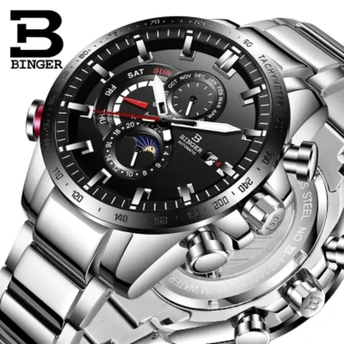 Véritable marque de luxe BINGER hommes montres automatique mécanique lumineux entièrement en acier étanche calendrier de course mâle Phase de lune