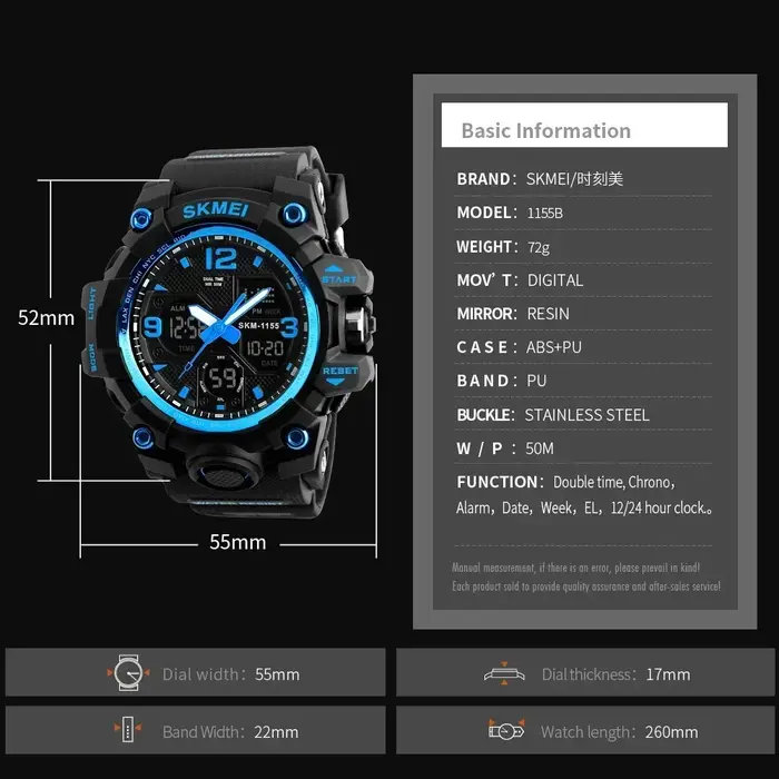SKMEI 1155B 5Bar étanche double affichage montres Relogio Masculino montre Sport hommes militaire