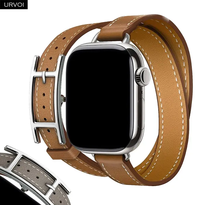 URVOI Hapi Attelage Double Tour pour bracelet Apple Watch Series 12 11 10 9 8 7 6 SE, bracelet en cuir fin pour iWatch, bracelet à boucle en H