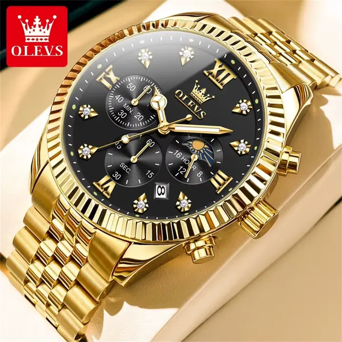 Montres pour hommes OLEVS 2932, luxe, or blanc, phase de lune, étanche, calendrier, sport, classique