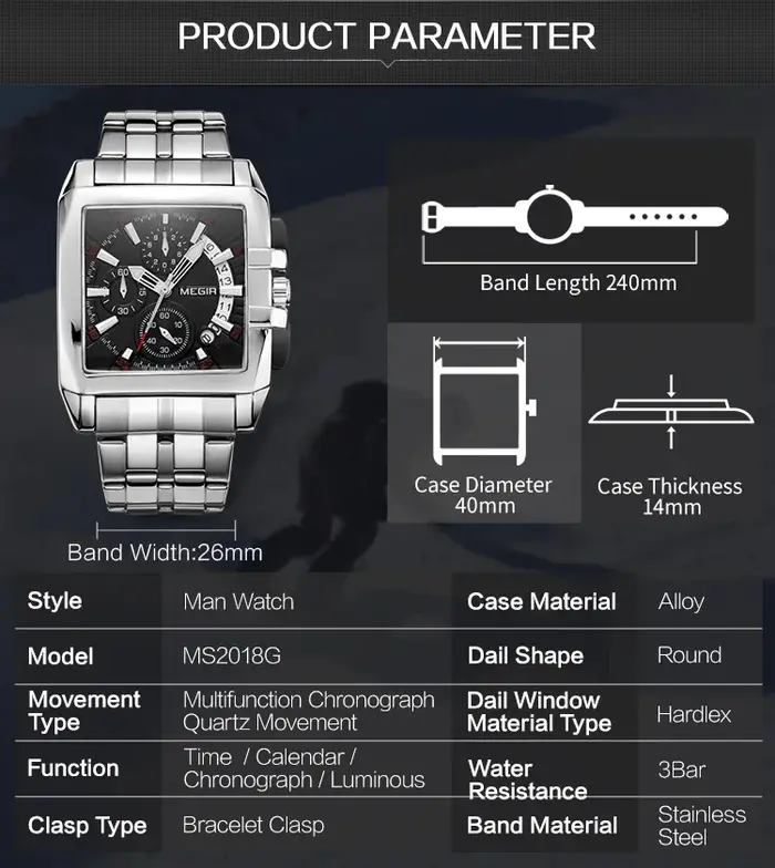MEGIR Original luxe hommes montre en acier inoxydable