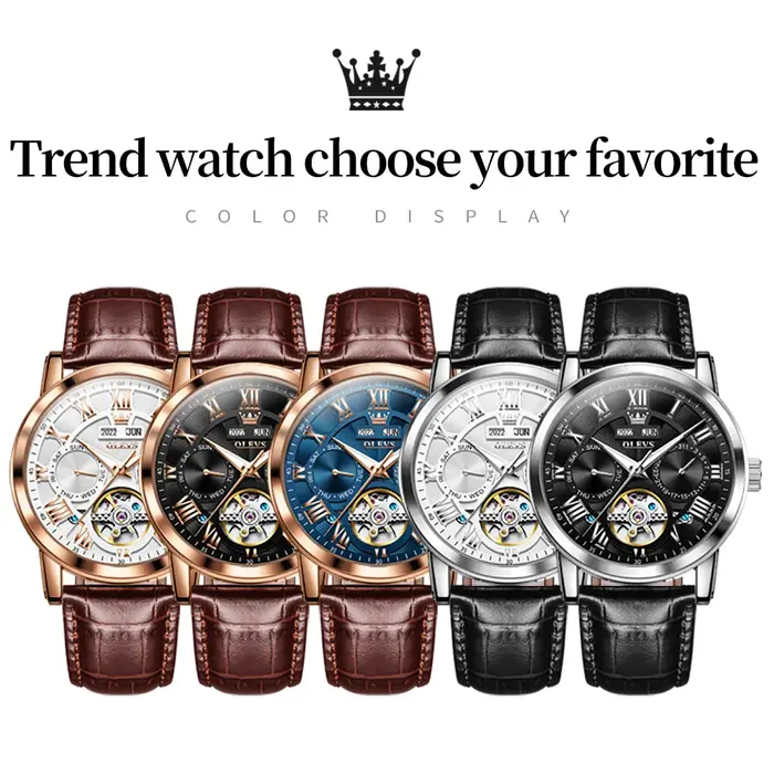 OLEVS 6668 Top marque hommes montres tendance mode automatique mécanique montre-bracelet bracelet en cuir étanche montre lumineuse pour homme