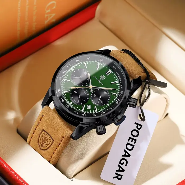 POEDAGAR mode Sport montre-bracelet pour hommes étanche lumineux chronographe militaire homme montre en cuir de luxe