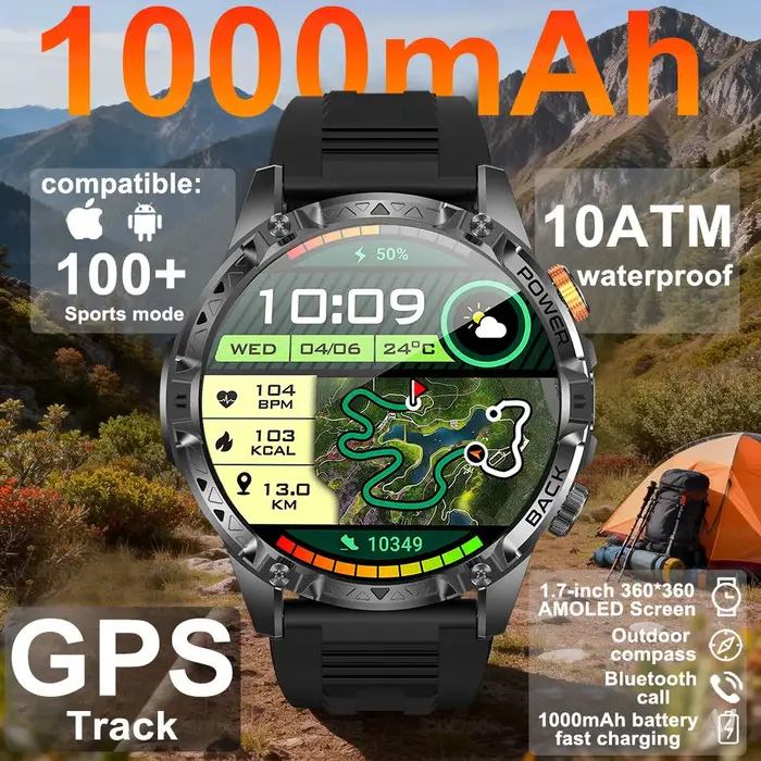 Montre connectée GPS pour homme avec batterie super capacité 1000 mAh, boussole, étanche 3 ATM, appels Bluetooth HD, écran 1,7 pouces, nouvelle version 2026