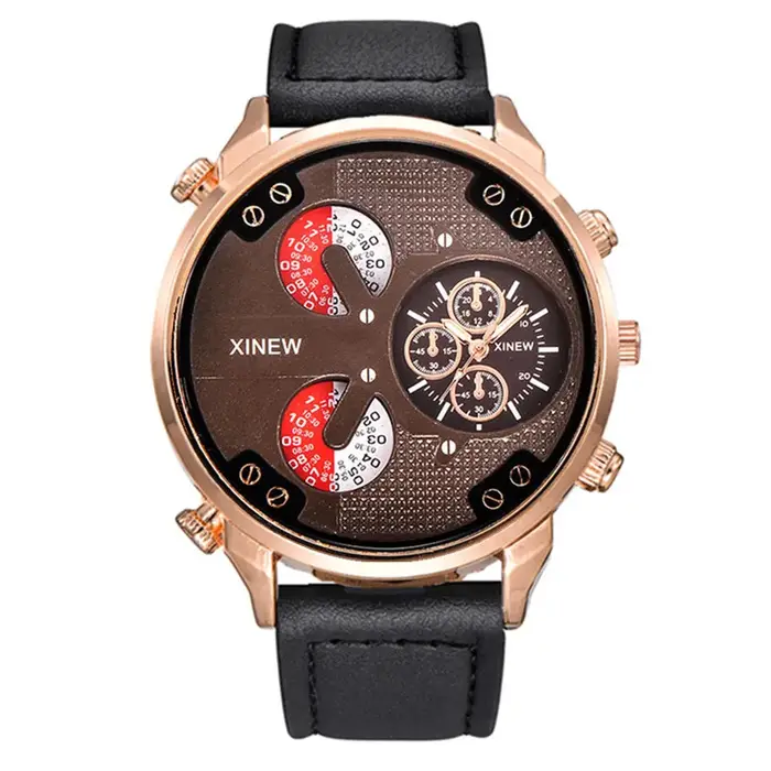 Original XINEW marque hommes montres noir garçons mode bracelet en cuir cadeaux Montre à Quartz Relogio Masculino