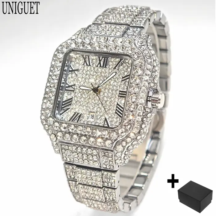UNIGUET offre spéciale montre glacée de luxe pour homme mode montres carrées hommes Hip Hop diamant