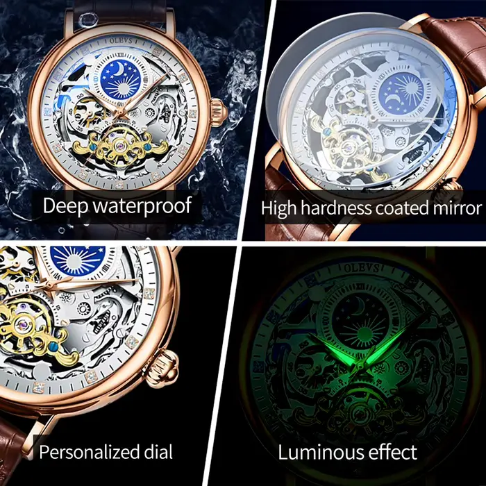OLEVS Phase de lune montre mécanique hommes avec étanche automatique squelette