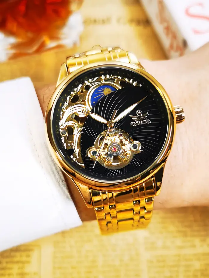AOKULASIC or squelette montre pour hommes rétro Phase de lune Tourbillon automatique montres mécaniques de luxe en acier inoxydable bande lumineuse