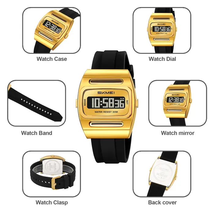 Montre numérique à énergie solaire pour homme SKMEI – Boîtier carré doré rétro
