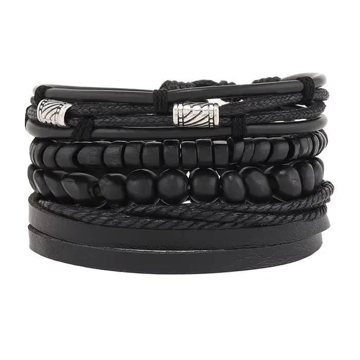 Bracelet en cuir pour hommes, tissé à la main, perlé, ensemble multicouche avec Bracelet réglable, B