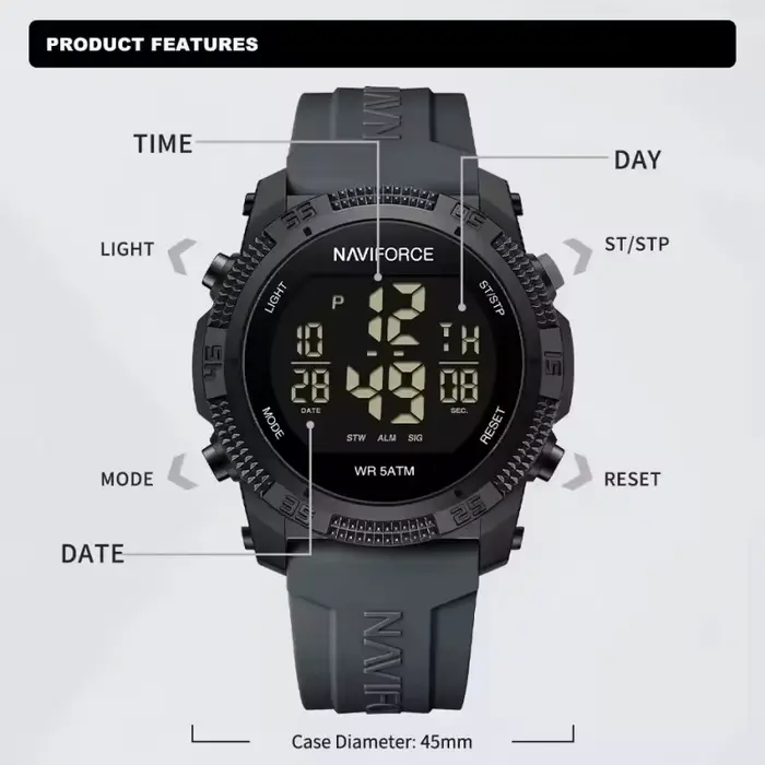 NAVIFORCE 7104 sport hommes LCD numérique loisirs Date semaine réveil étanche bracelet en Silicone m