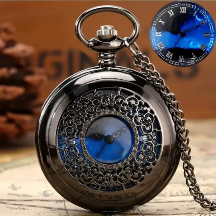 Montre de poche à Quartz creuse noire et argentée