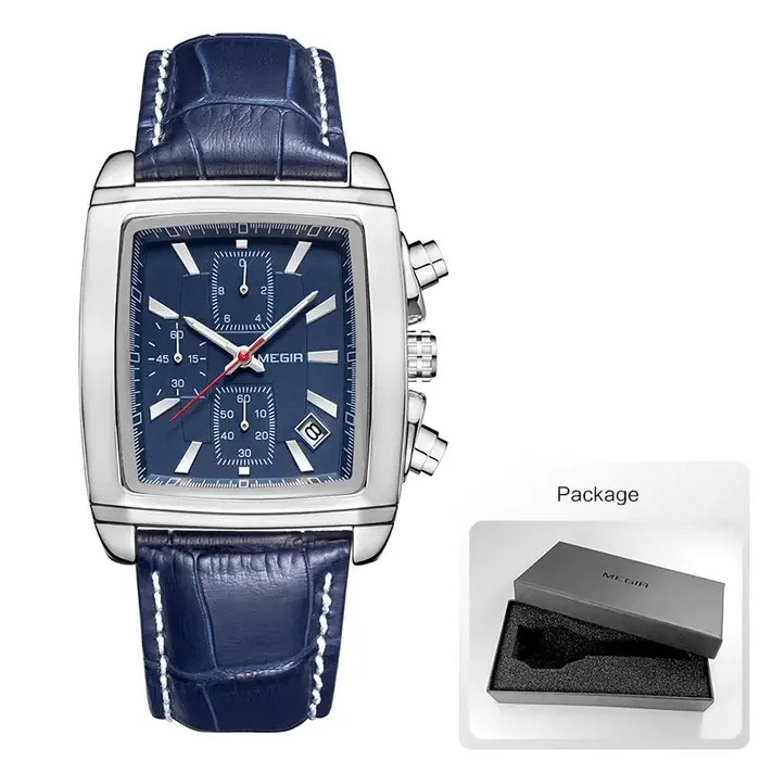 Megir cadran rectangulaire bracelet en cuir Montre pour hommes décontracté bleu chronographe montres à Quartz homme Mont
