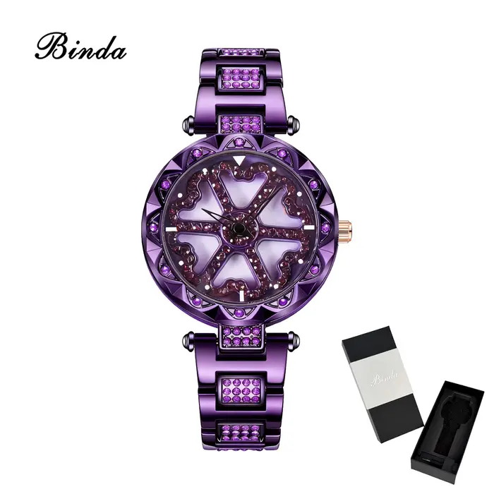 Montre à quartz Binda de luxe pour femme, entièrement sertie de cristaux, cadran rotatif, élégante e