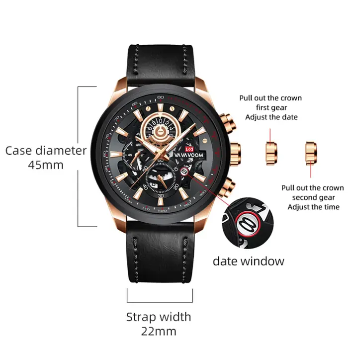 VA VA VOOM marque hommes montre en cuir mode équipement industriel horloge 45mm or Quartz mouvement étanche homme
