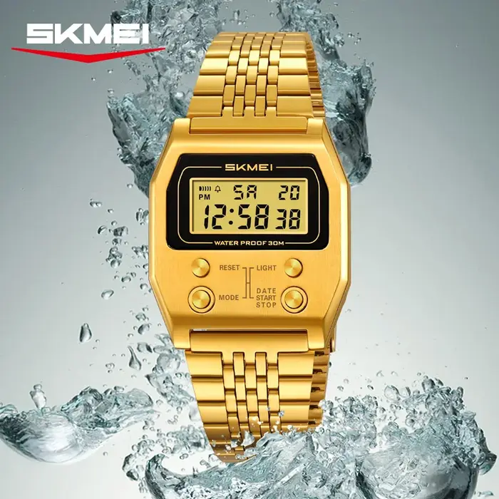SKMEI 2460 hommes montres en acier inoxydable Sport luxe rétro LED électronique étanche montre numérique