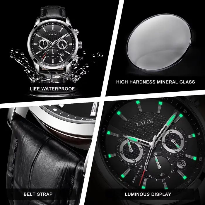 Nouvelles Montres Hommes 2026 LIGE – Montre Décontractée de Luxe en Cuir à Quartz
