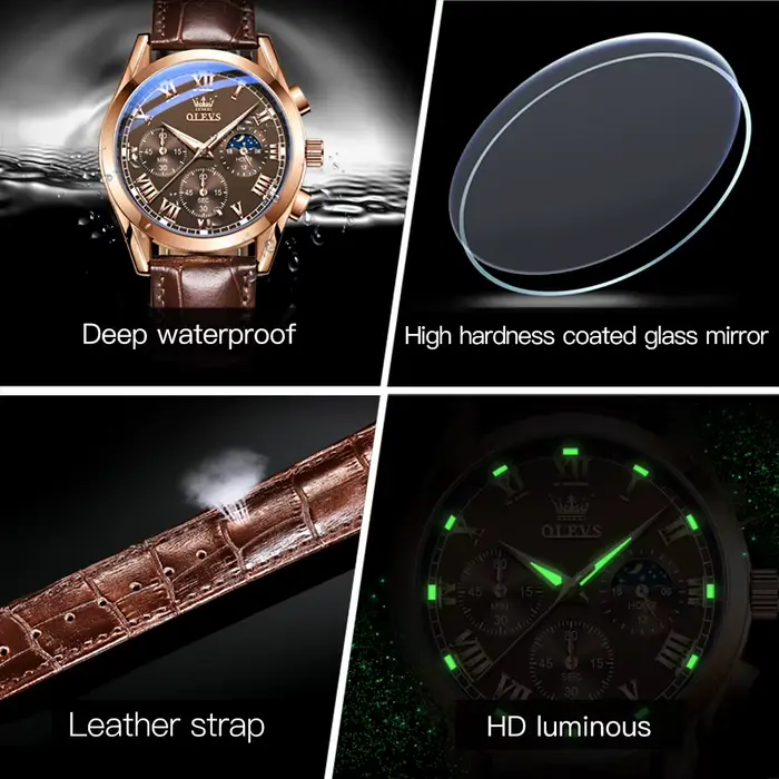 OLEVS Phase de lune montres pour hommes chronographe 30 m étanche lumineux marque montre à quartz pour homme date