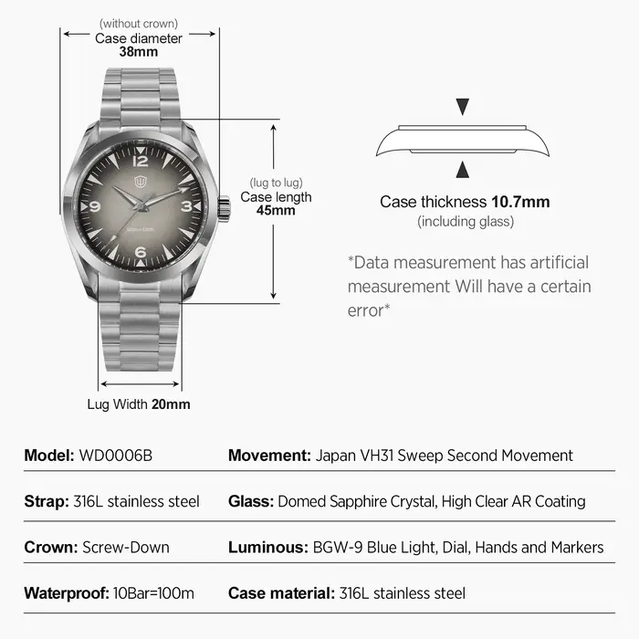 Watchdives WD0006 nouveau japon VH31 montres à Quartz gris 100M étanche saphir miroir lumineux 316L acier 38mm