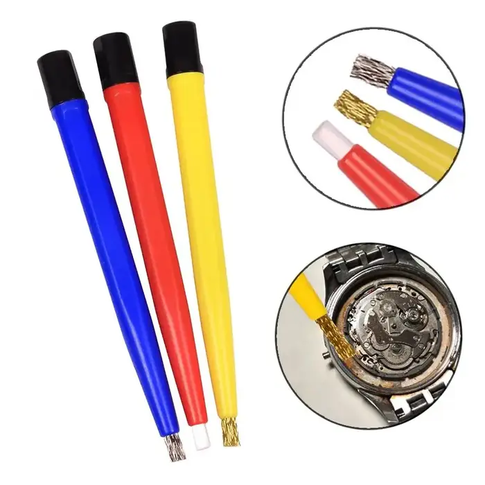 Brosse de nettoyage pour mouvement de montre, stylo à brosse en fibre de verre/laiton/fil d'acier, forme de stylo, outil de polissage et de nettoyage pour pièces de montre